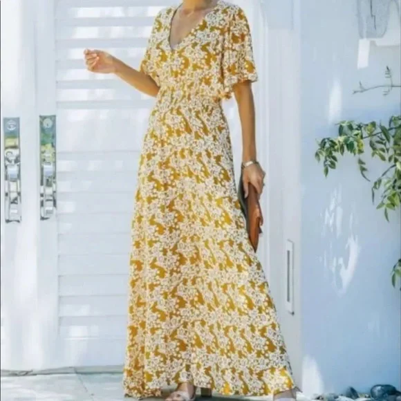 Aakaa | Dresses | Yellow Floral Maxi | Poshmark